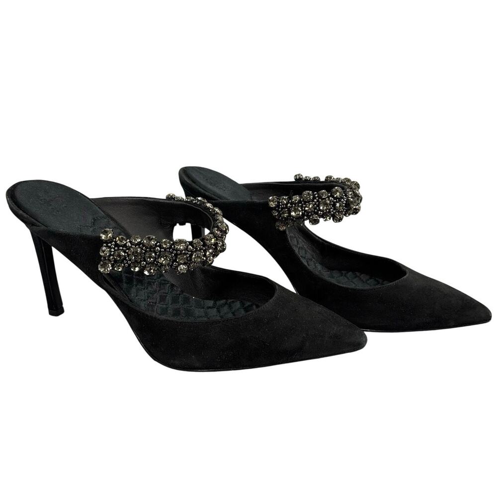 Tory Burch Black Suede Crystal Embellished Pointed Toe Stiletto Mules 10M